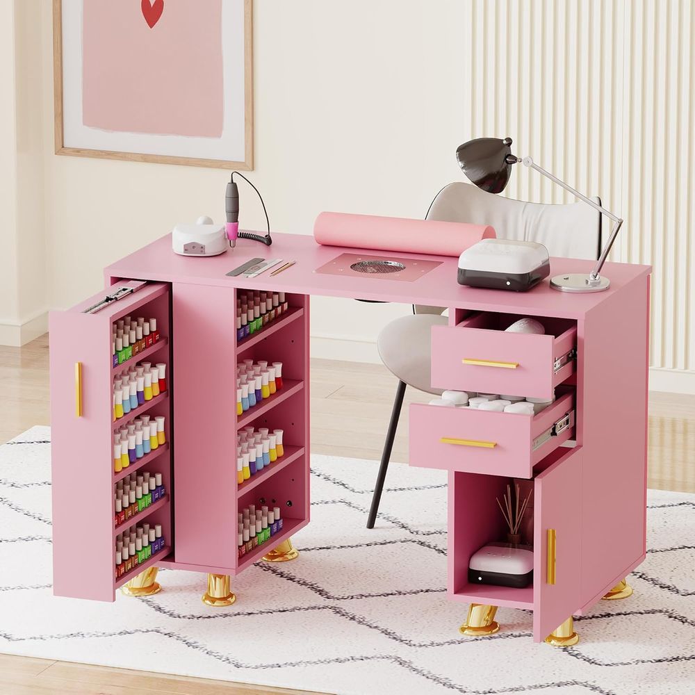 Manicure Table Nail Desk w/Dus - Leather Desk Pad 评论和价格